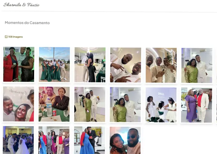 Screenshot da página de momentos especiais no casamento de Sharmila e Fáusio