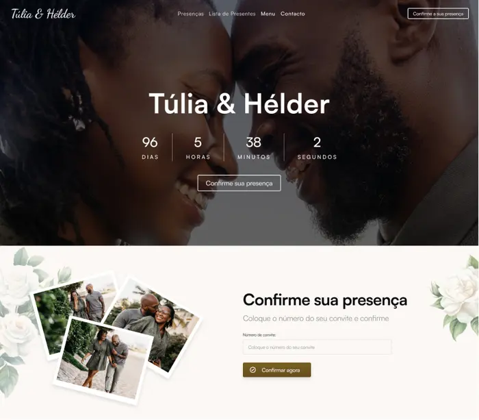 Screenshot da página inicial do website do casamento Túlia e Hélder