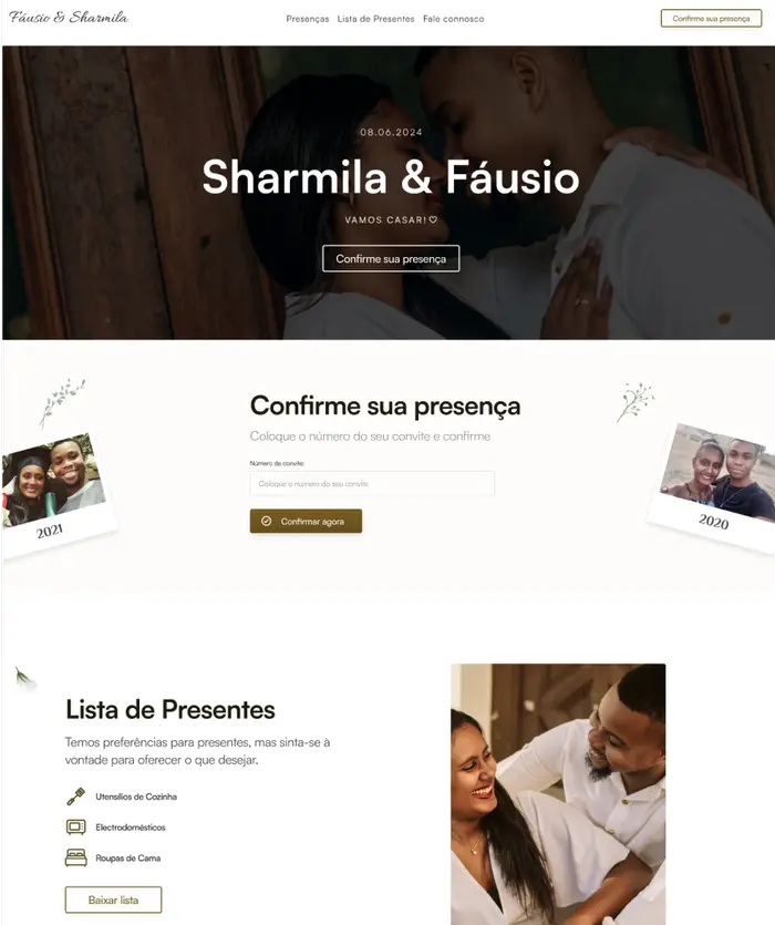 Screenshot da página inicial do site da Sharmila e Fáusio