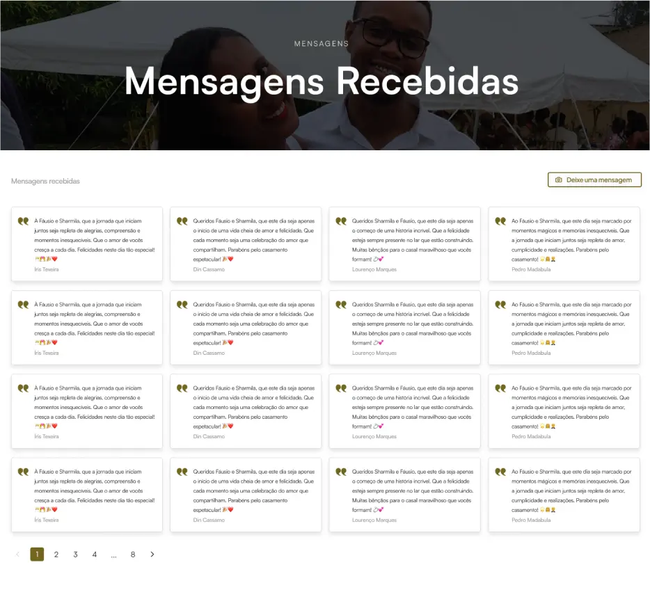 Screenshot da sobre as mensagens recebidas do casamento de Sharmila e Fáusio