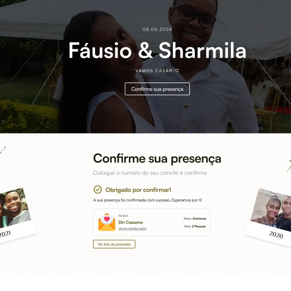 Screenshot de confirmação de presença do casamento de Sharmila e Fáusio